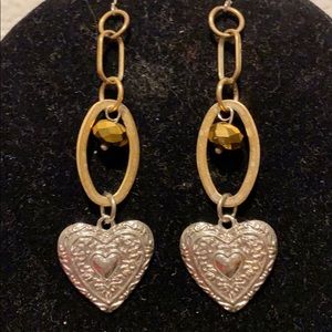 Silver and gold tone links and hearts earrings